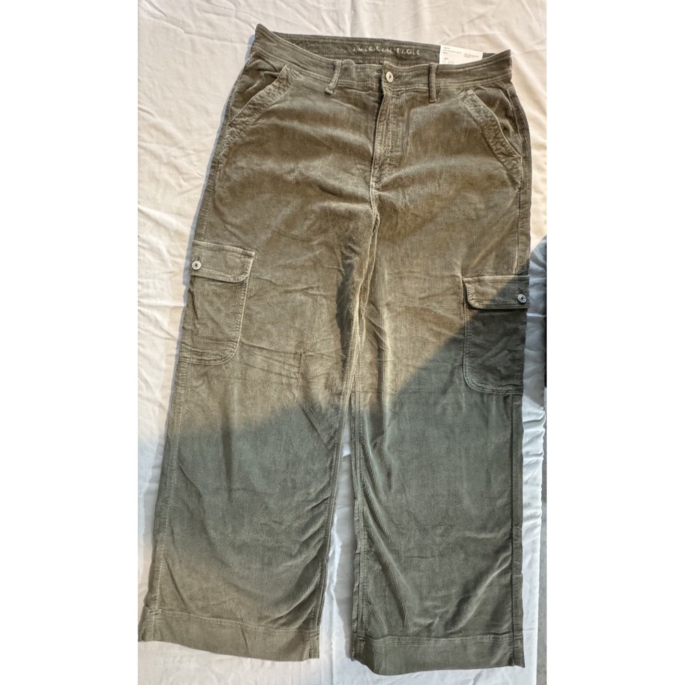 American Eagle Pants Womens 14 Green Corduroy Wide Leg Cargo Stretch